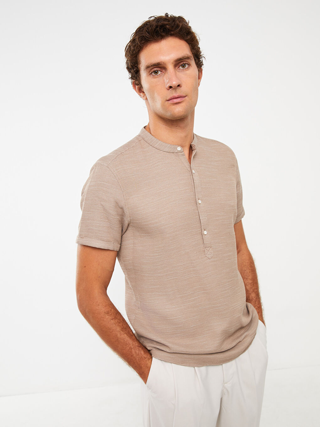 LCW Vision Regular Fit Mandarin Collar Short Sleeve Linen Blend Men's Shirt -S3CS77Z8-K6V