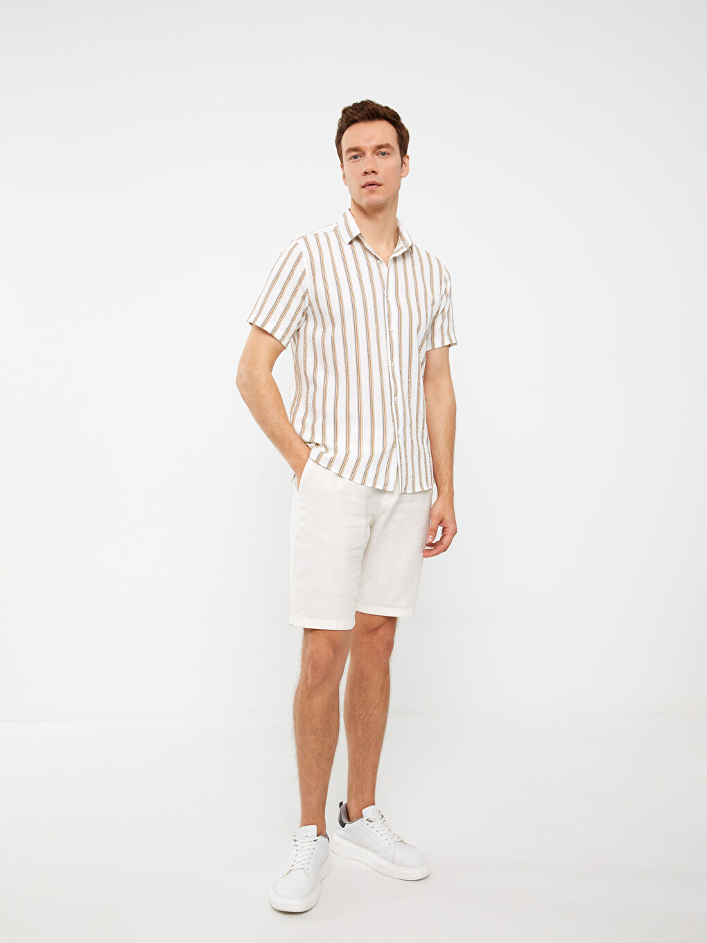 Ekru Regular Fit Kısa Kollu Çizgili Erkek Gömlek-2