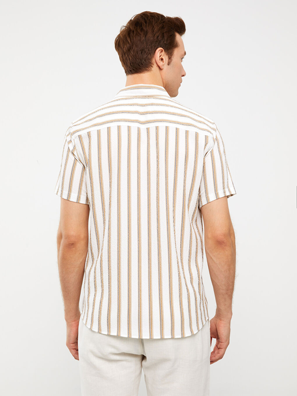 Ekru Regular Fit Kısa Kollu Çizgili Erkek Gömlek-4