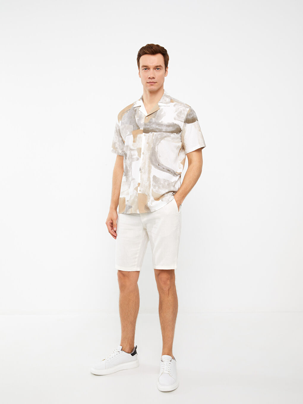 Bej Regular Fit Kısa Kollu Desenli Erkek Gömlek-2