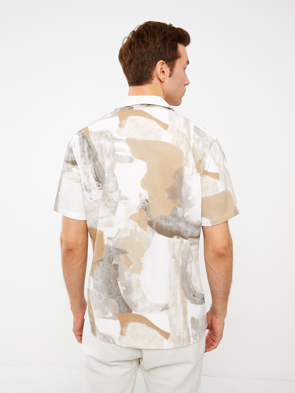 Bej Regular Fit Kısa Kollu Desenli Erkek Gömlek-4