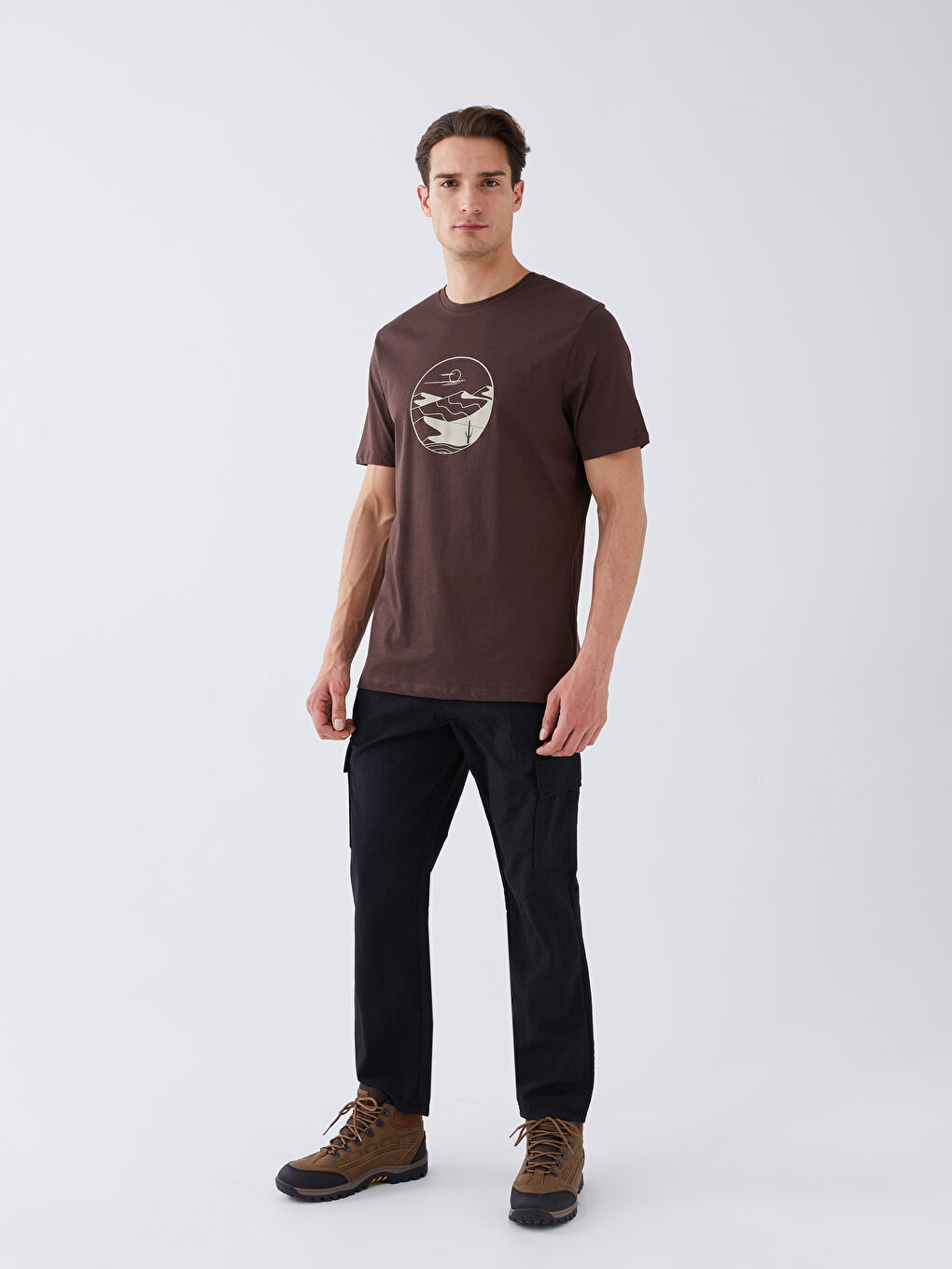 Kahverengi Bisiklet Yaka Kısa Kollu Baskılı Erkek Tişört-2