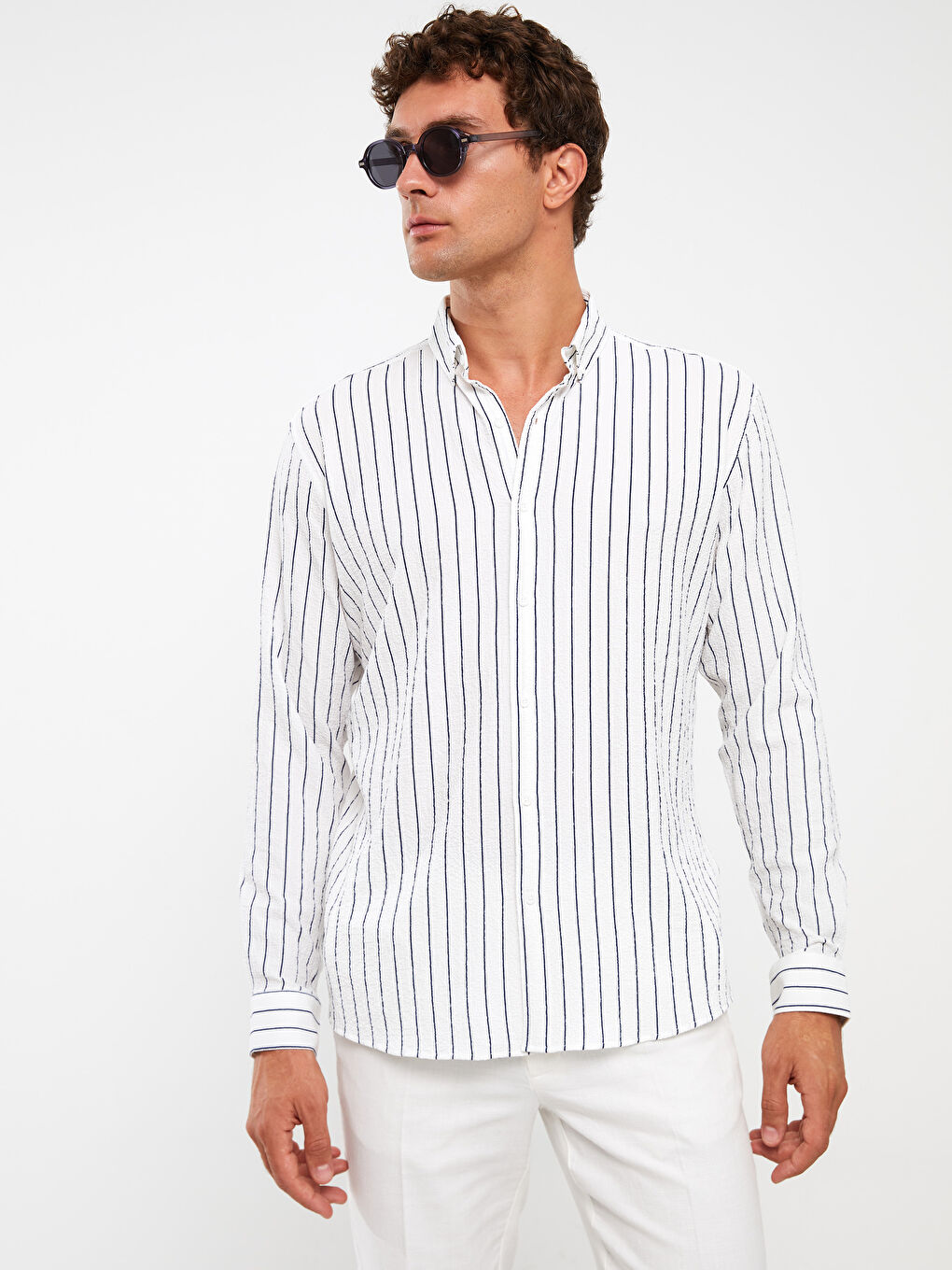 Beyaz Slim Fit Uzun Kollu Çizgili Erkek Gömlek