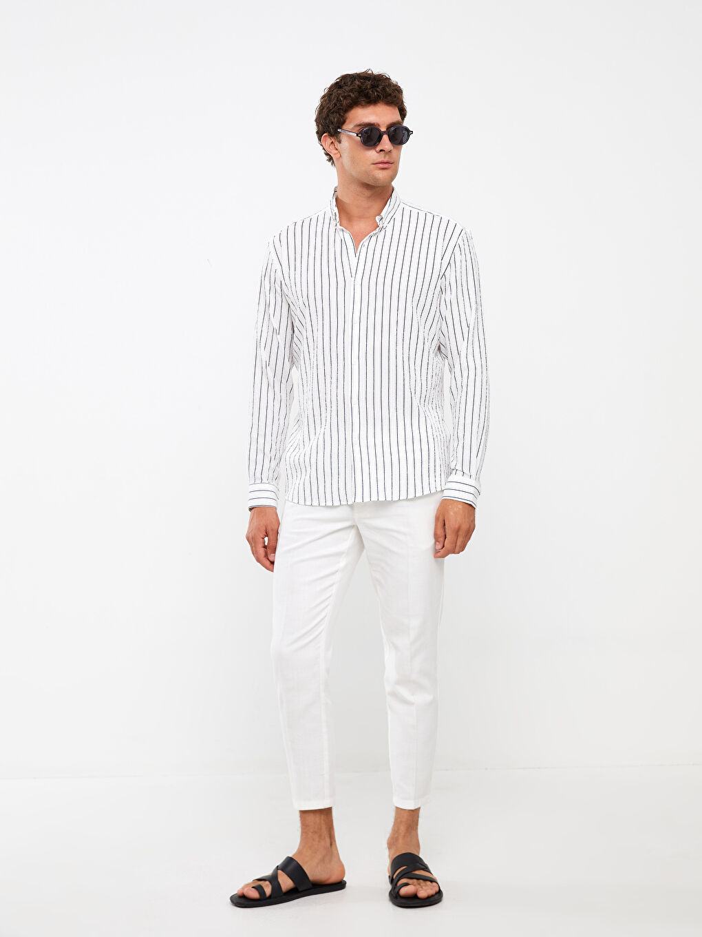 Beyaz Slim Fit Uzun Kollu Çizgili Erkek Gömlek-2