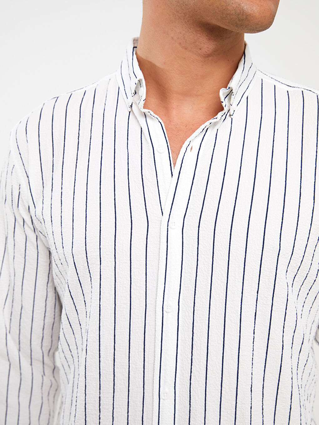 Beyaz Slim Fit Uzun Kollu Çizgili Erkek Gömlek-3