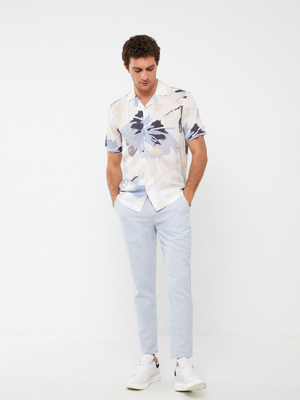 Ekru Regular Fit Kısa Kollu Desenli Viskon Erkek Gömlek-2