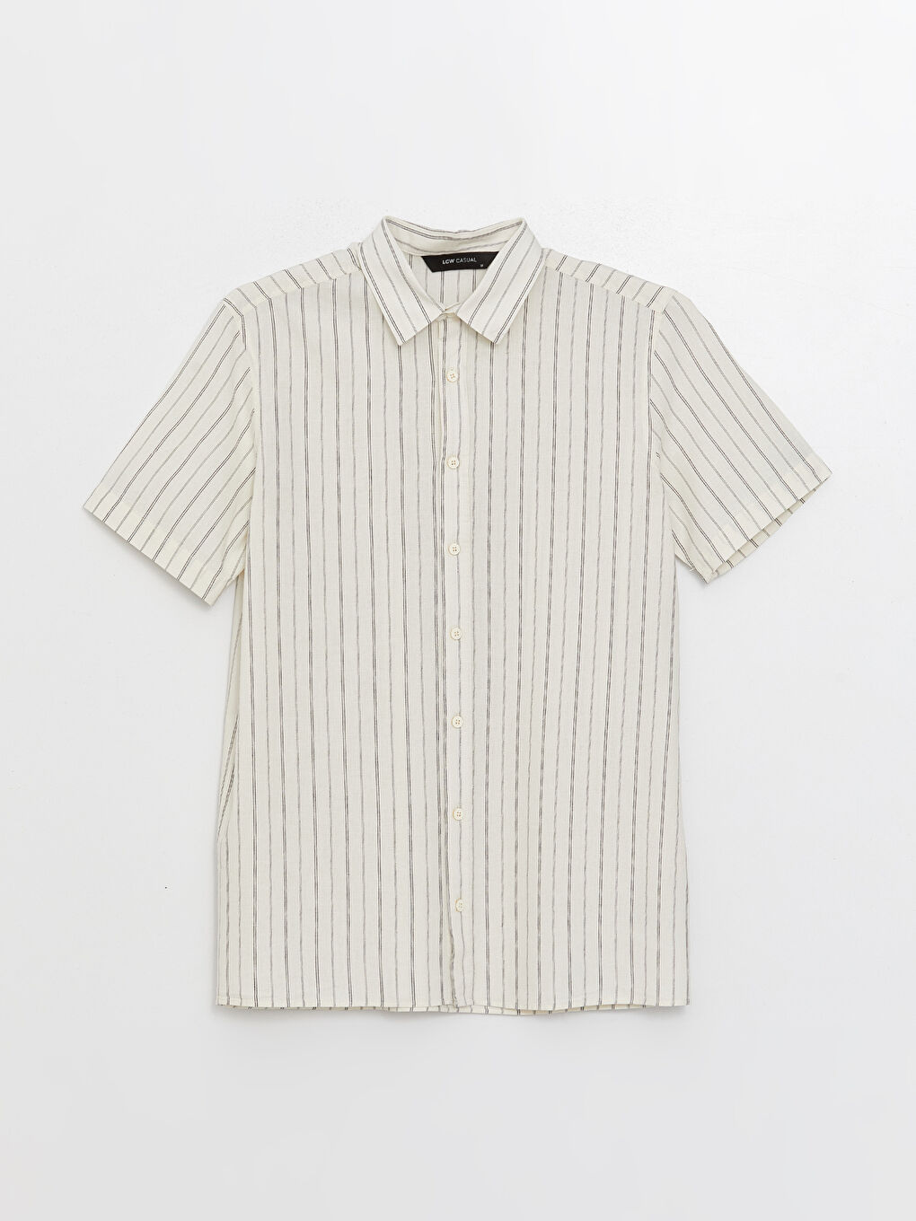 Siyah Regular Fit Kısa Kollu Çizgili Keten Karışımlı Erkek Gömlek-5