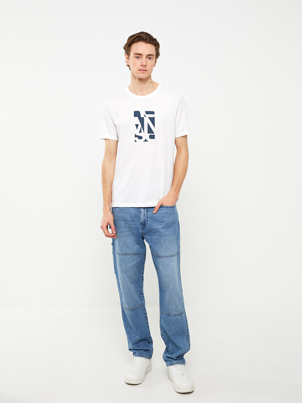 Beyaz Bisiklet Yaka Kısa Kollu Baskılı Penye Erkek Tişört-2