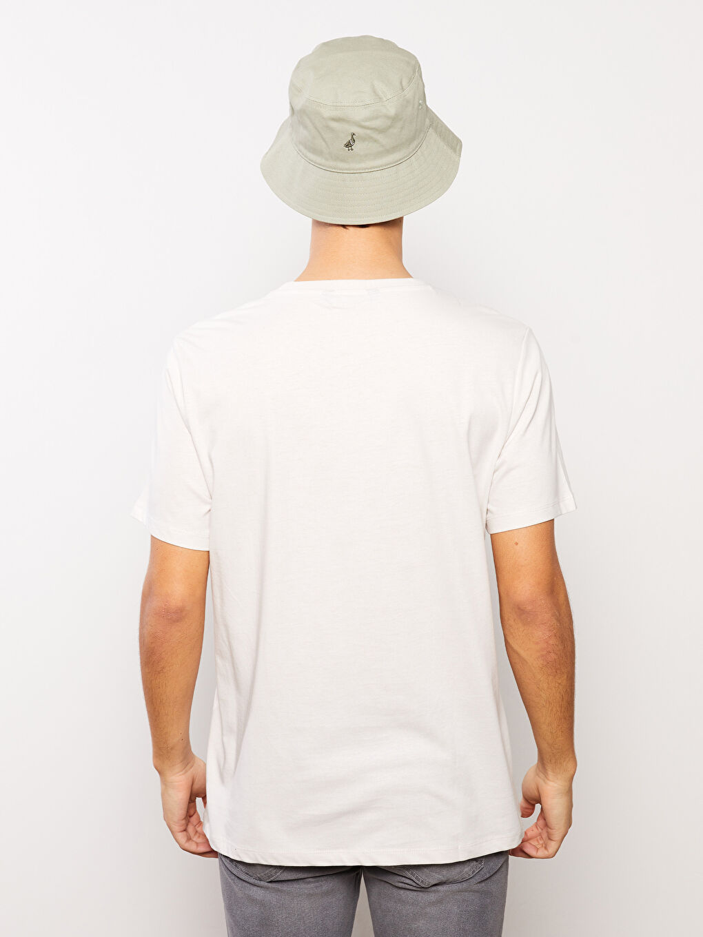 Bej Bisiklet Yaka Kısa Kollu Baskılı Erkek Tişört-4