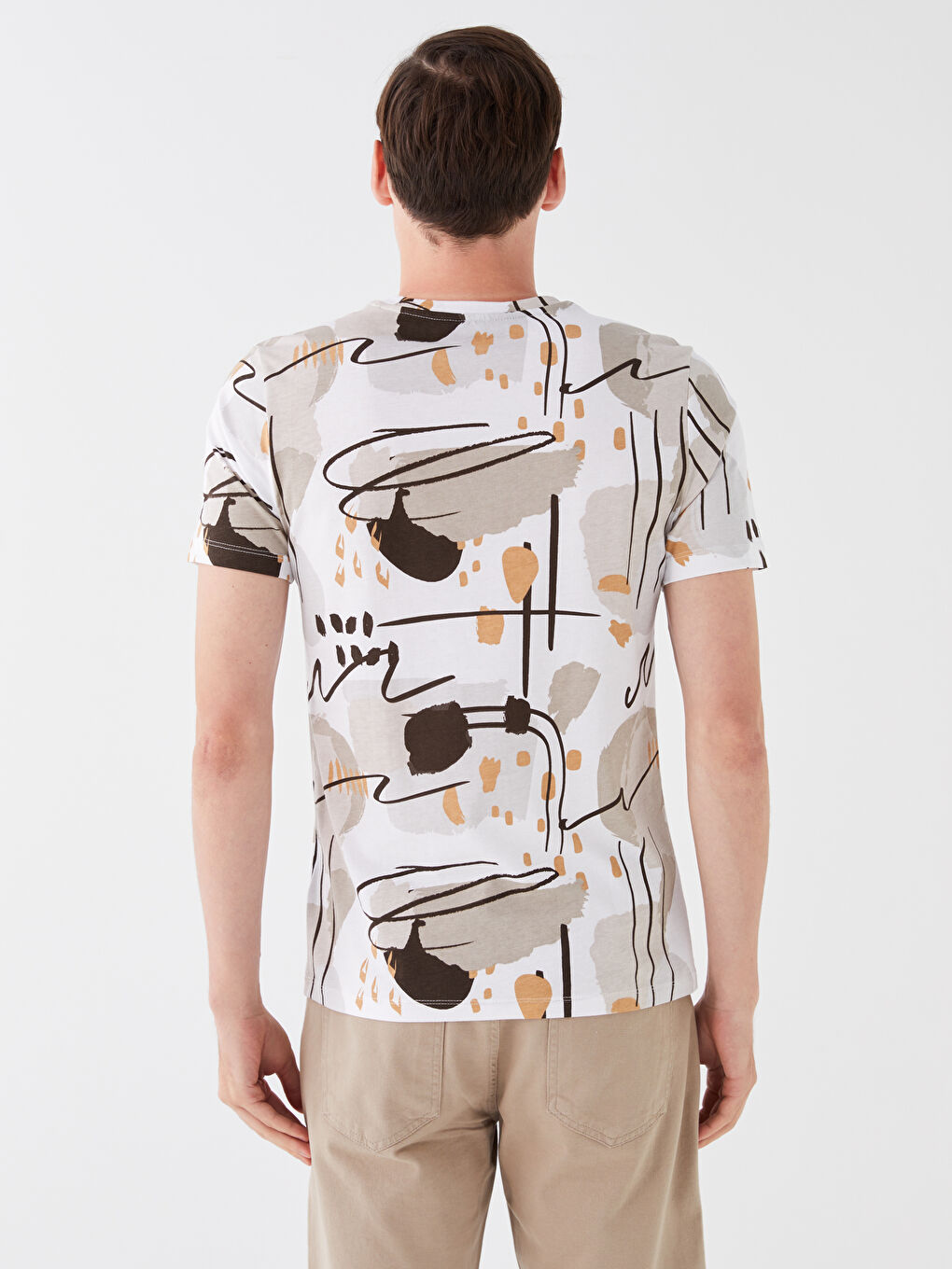 Beyaz Bisiklet Yaka Kısa Kollu Desenli Penye Erkek Tişört-4
