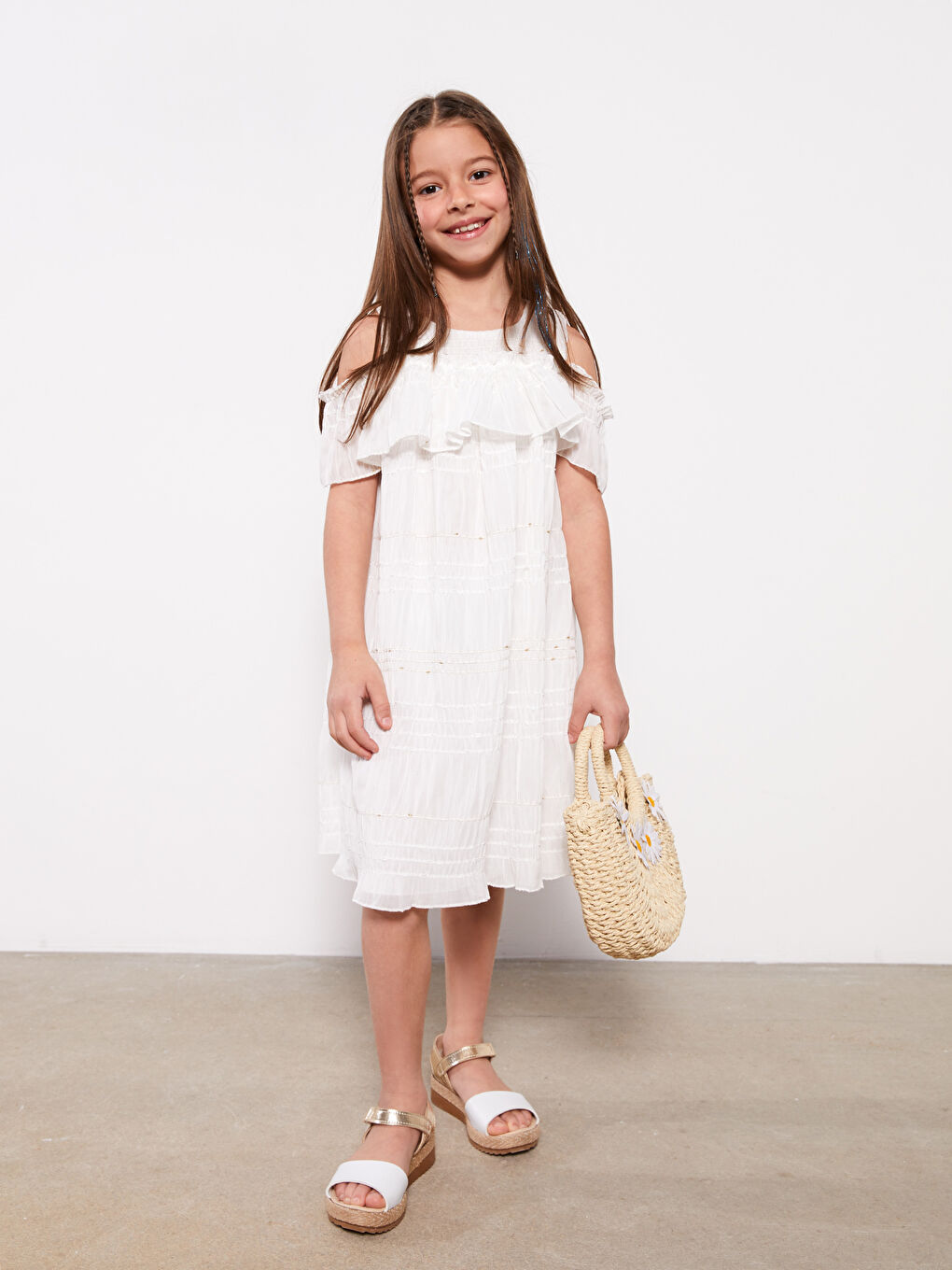 Платье Для Девочки С Круглым Вырезом И Открытыми Плечами, С Короткими Рукавами-1