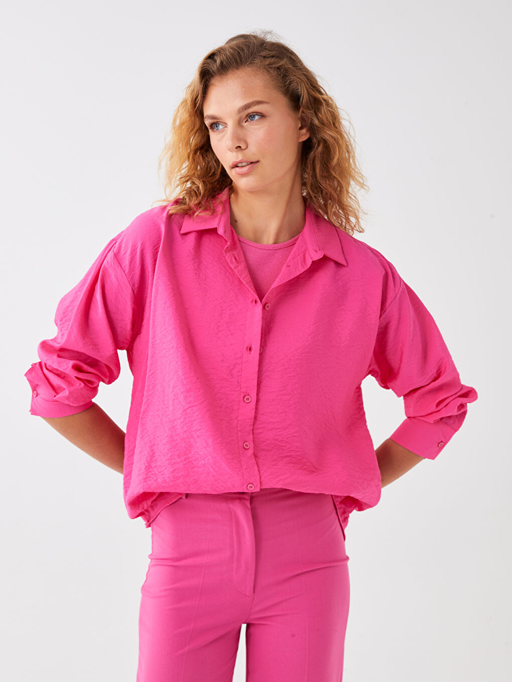 Fuşya Düz Uzun Kollu Aerobin Kadın Gömlek-1