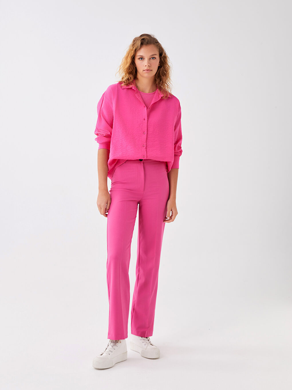 Fuşya Düz Uzun Kollu Aerobin Kadın Gömlek-2