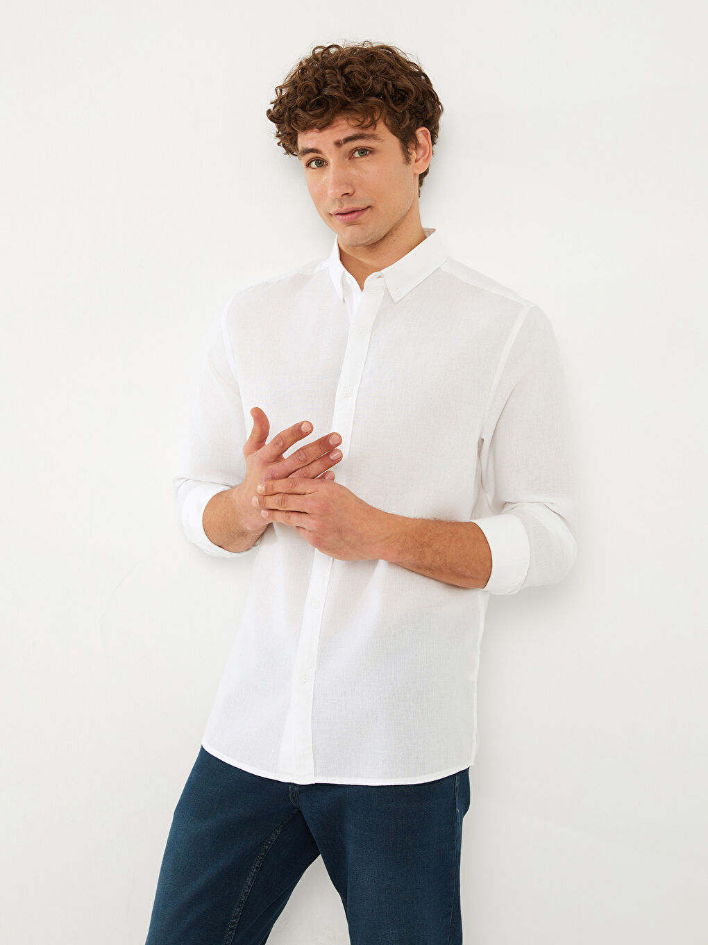 قميص رجالي بأكمام طويلة وخليط كتان بقصة عادية-1