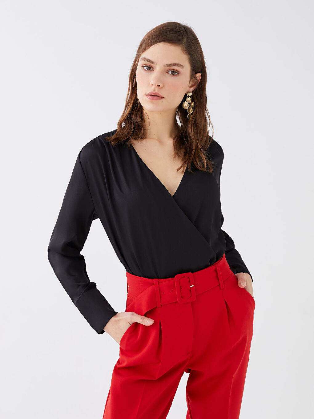 Double Breasted Collar Straight Long Sleeve Women's Satin Blouse