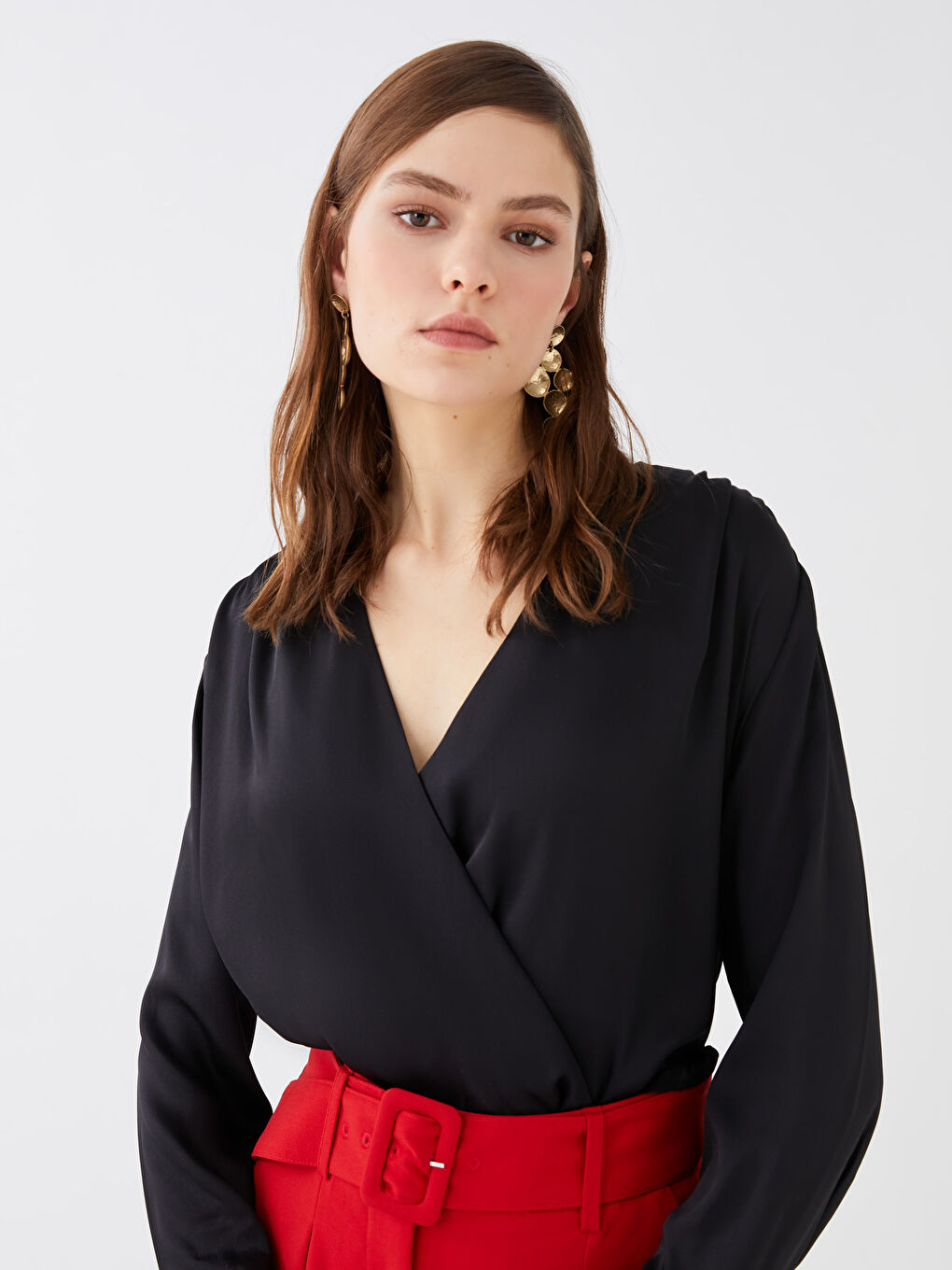 Double Breasted Collar Straight Long Sleeve Women's Satin Blouse-2