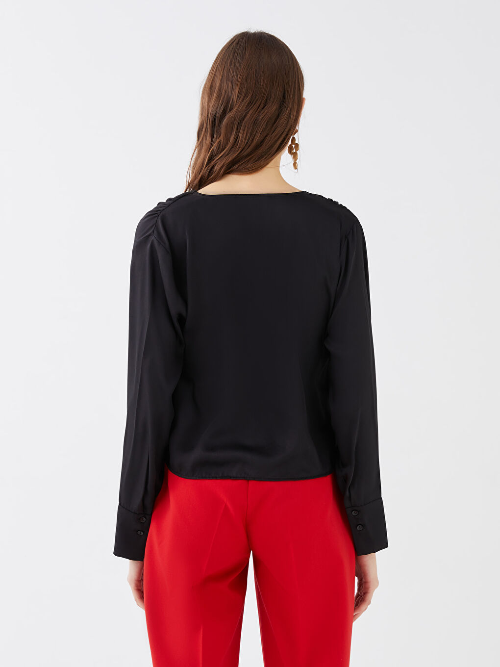 Double Breasted Collar Straight Long Sleeve Women's Satin Blouse-4