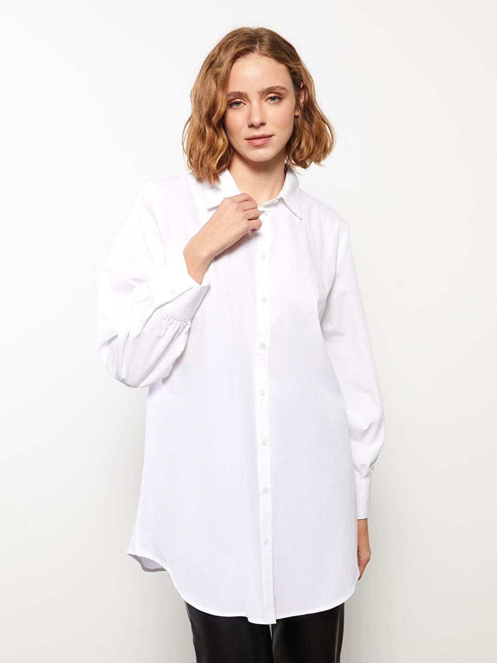 Beyaz Düz Poplin Kadın Gömlek Tunik-1