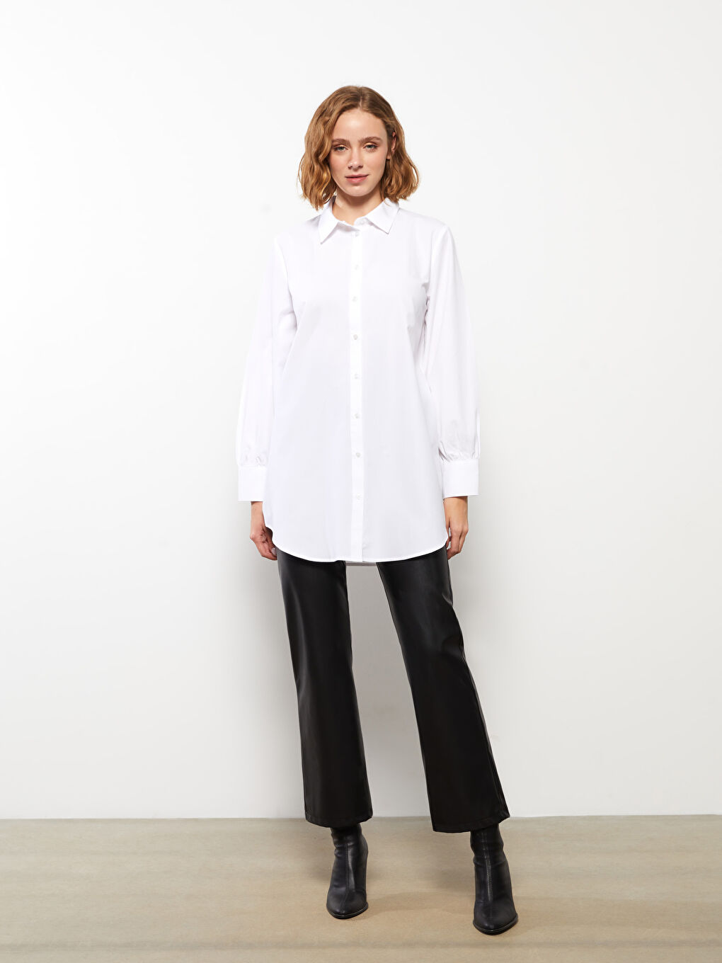 Beyaz Düz Poplin Kadın Gömlek Tunik-2