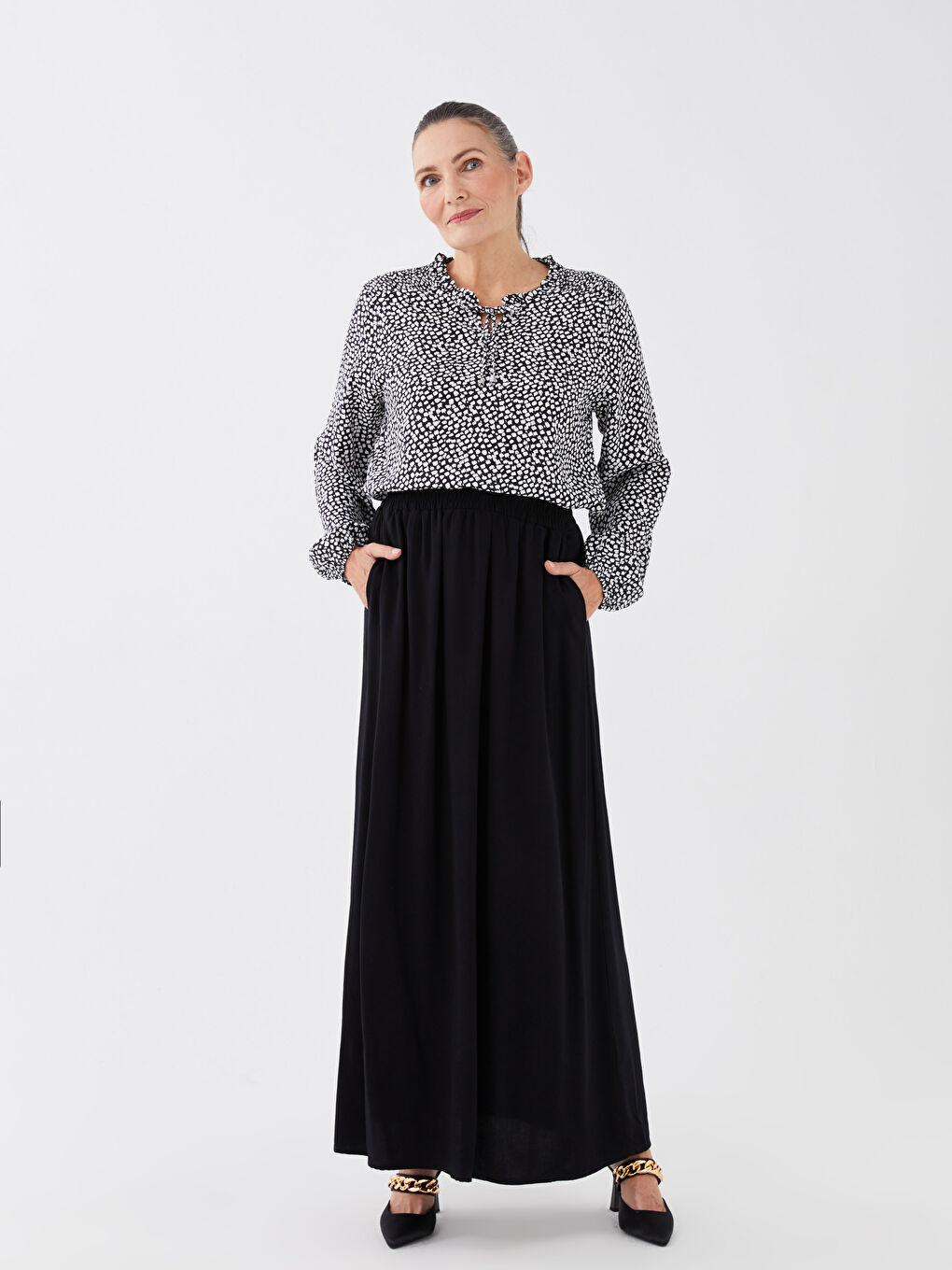 Siyah Kadın Beli Lastikli Düz Etek