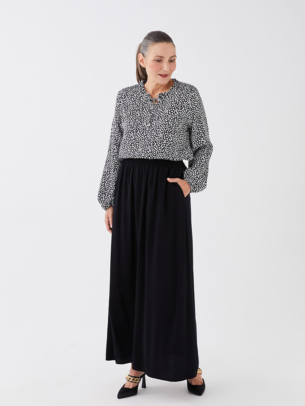 Siyah Kadın Beli Lastikli Düz Etek-1