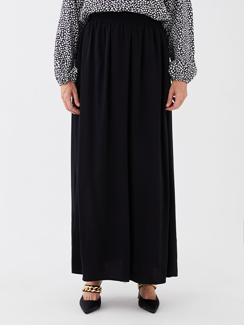 Siyah Kadın Beli Lastikli Düz Etek-2