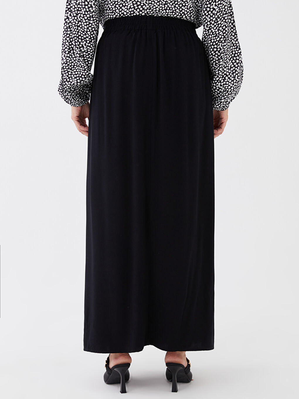 Siyah Kadın Beli Lastikli Düz Etek-4