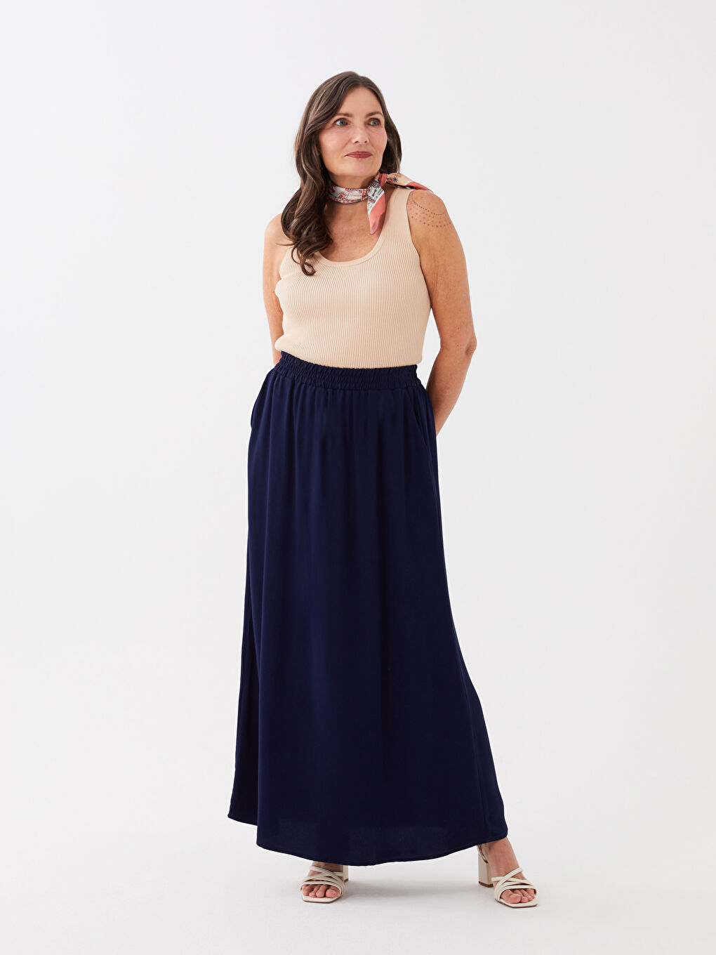 Lacivert Kadın Beli Lastikli Düz Etek