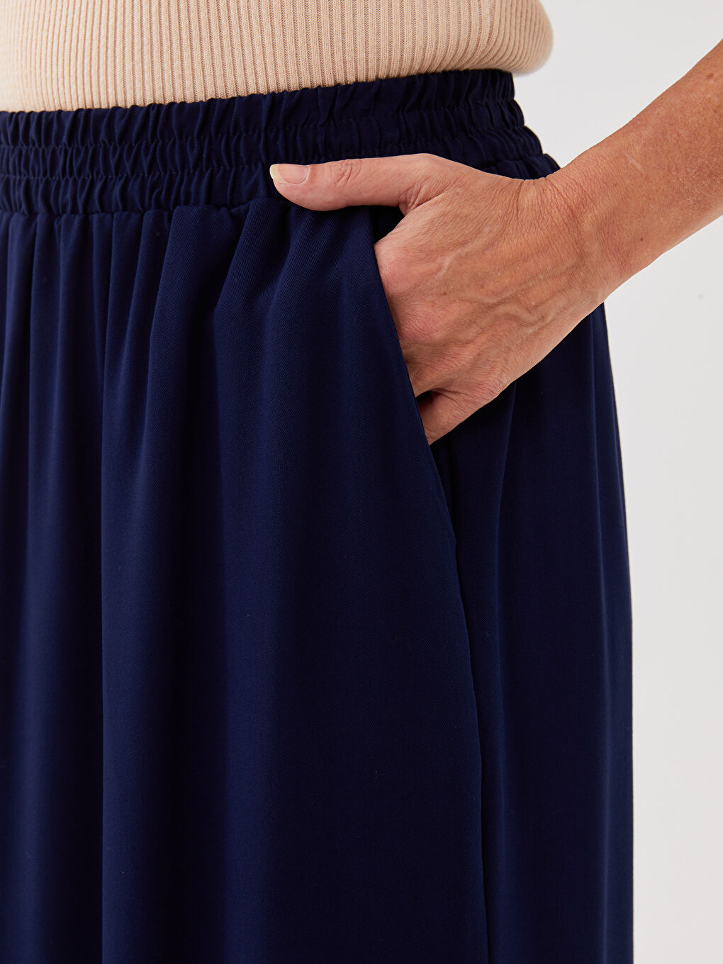 Lacivert Kadın Beli Lastikli Düz Etek-2