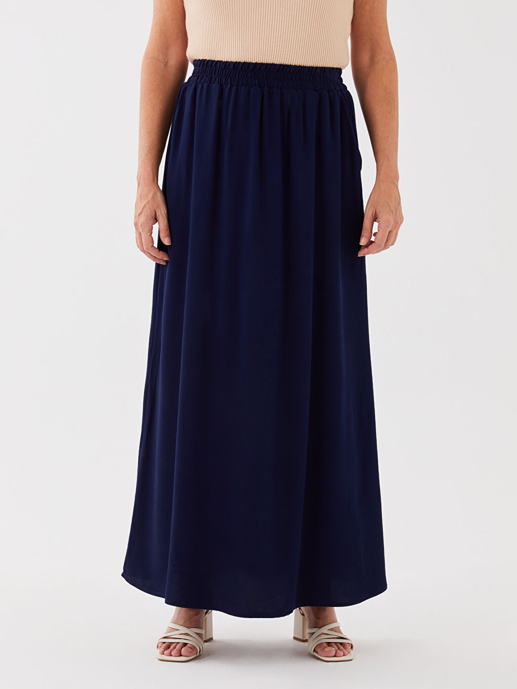 Lacivert Kadın Beli Lastikli Düz Etek-3