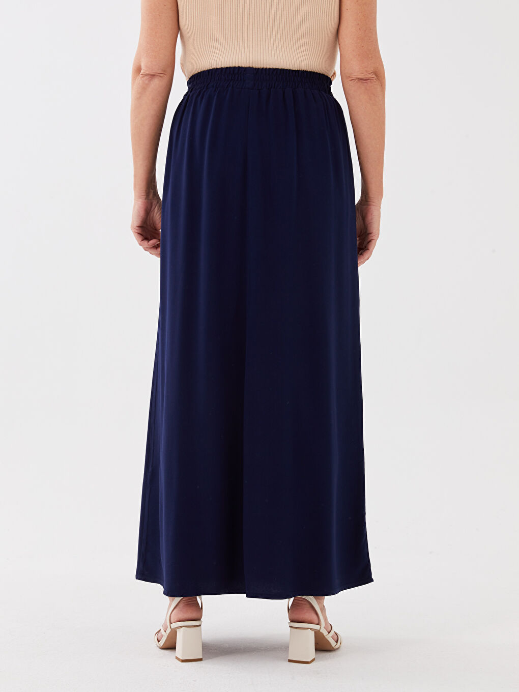 Lacivert Kadın Beli Lastikli Düz Etek-4