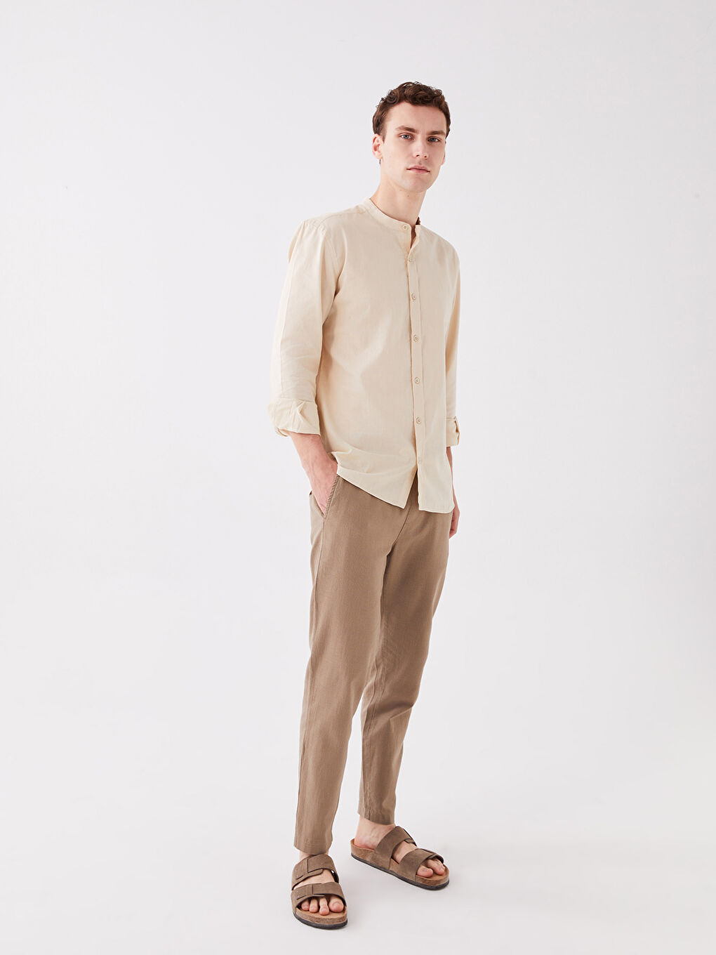 Kahverengi Standart Kalıp Keten Karışımlı Erkek Pantolon