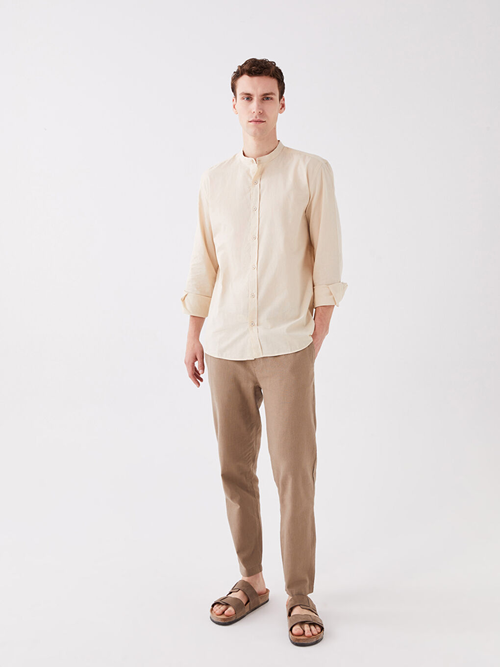 Kahverengi Standart Kalıp Keten Karışımlı Erkek Pantolon-1