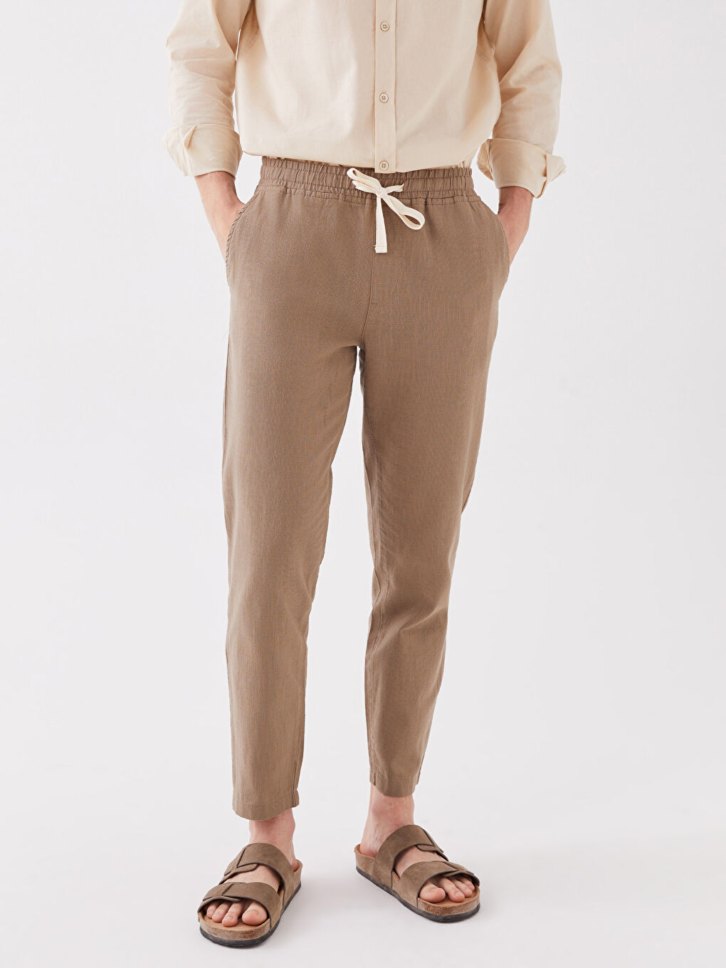 Kahverengi Standart Kalıp Keten Karışımlı Erkek Pantolon-3