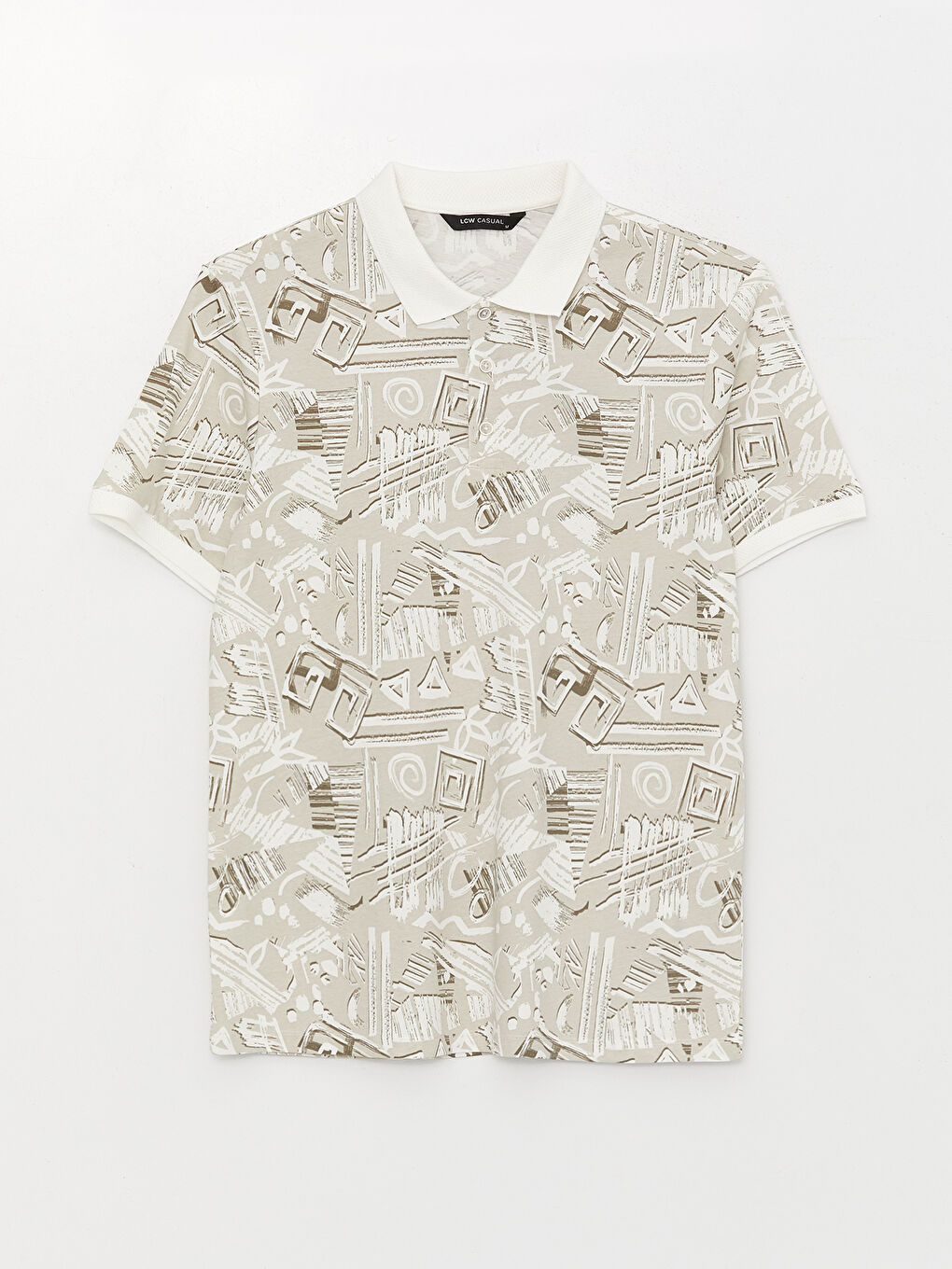 Beyaz Polo Yaka Kısa Kollu Desenli Erkek Tişört-5