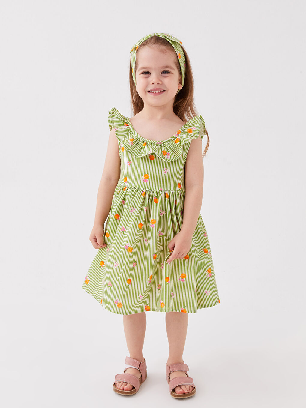 Yeşil Bisiklet Yaka Baskılı Kız Bebek Elbise ve Bandana 2'li