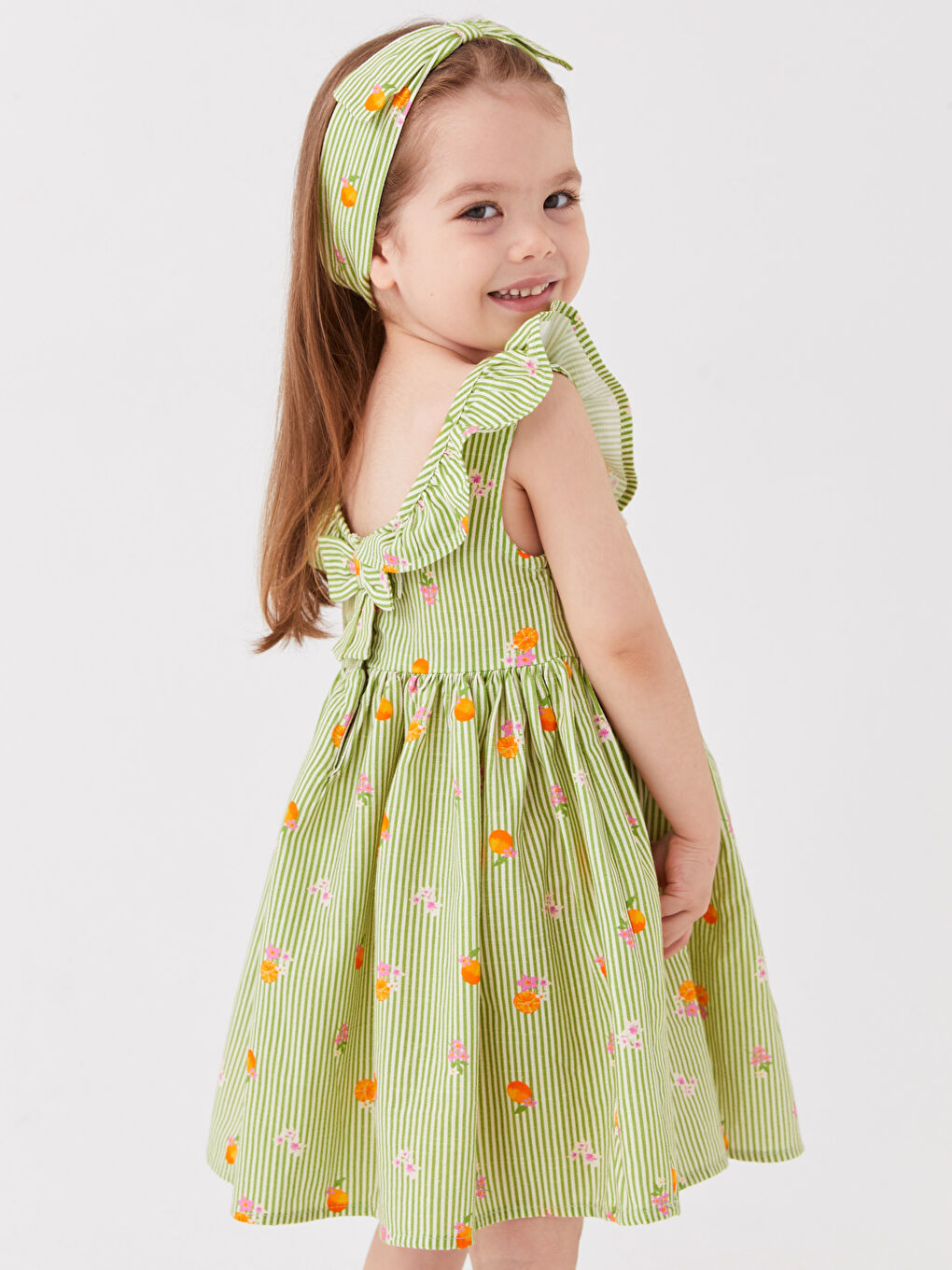 Yeşil Bisiklet Yaka Baskılı Kız Bebek Elbise ve Bandana 2'li-1