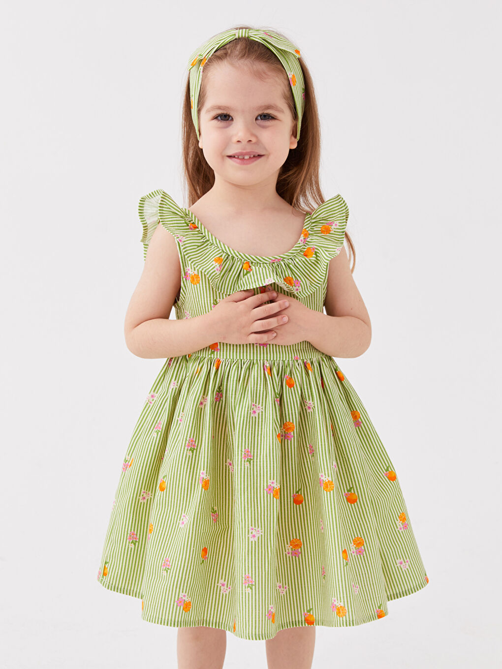 Yeşil Bisiklet Yaka Baskılı Kız Bebek Elbise ve Bandana 2'li-2