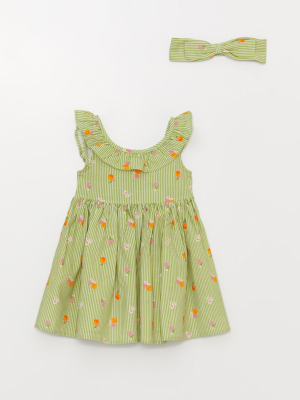 Yeşil Bisiklet Yaka Baskılı Kız Bebek Elbise ve Bandana 2'li-3