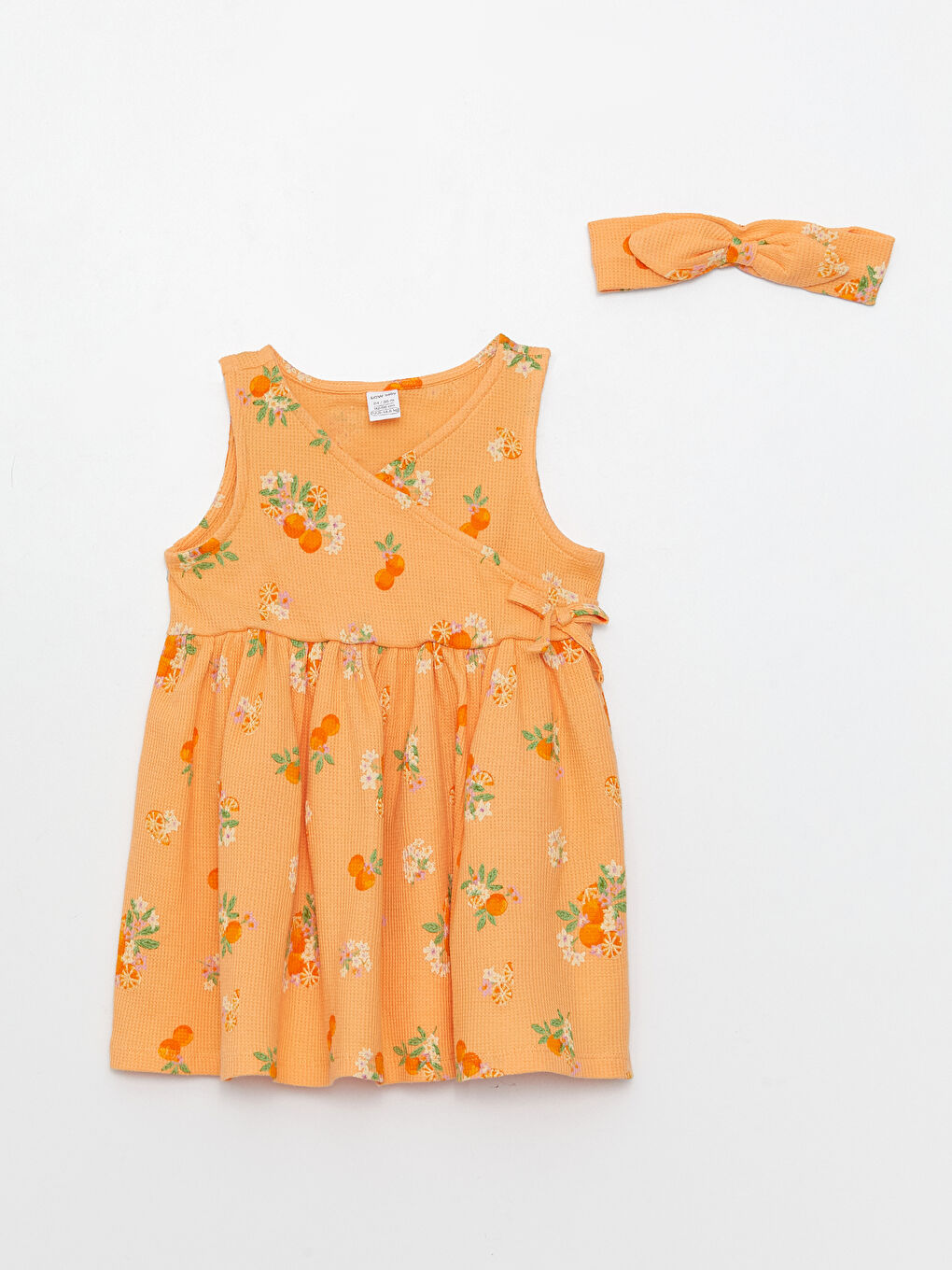 Turuncu V Yaka Baskılı Kız Bebek Elbise ve Saç Bandı 2'li