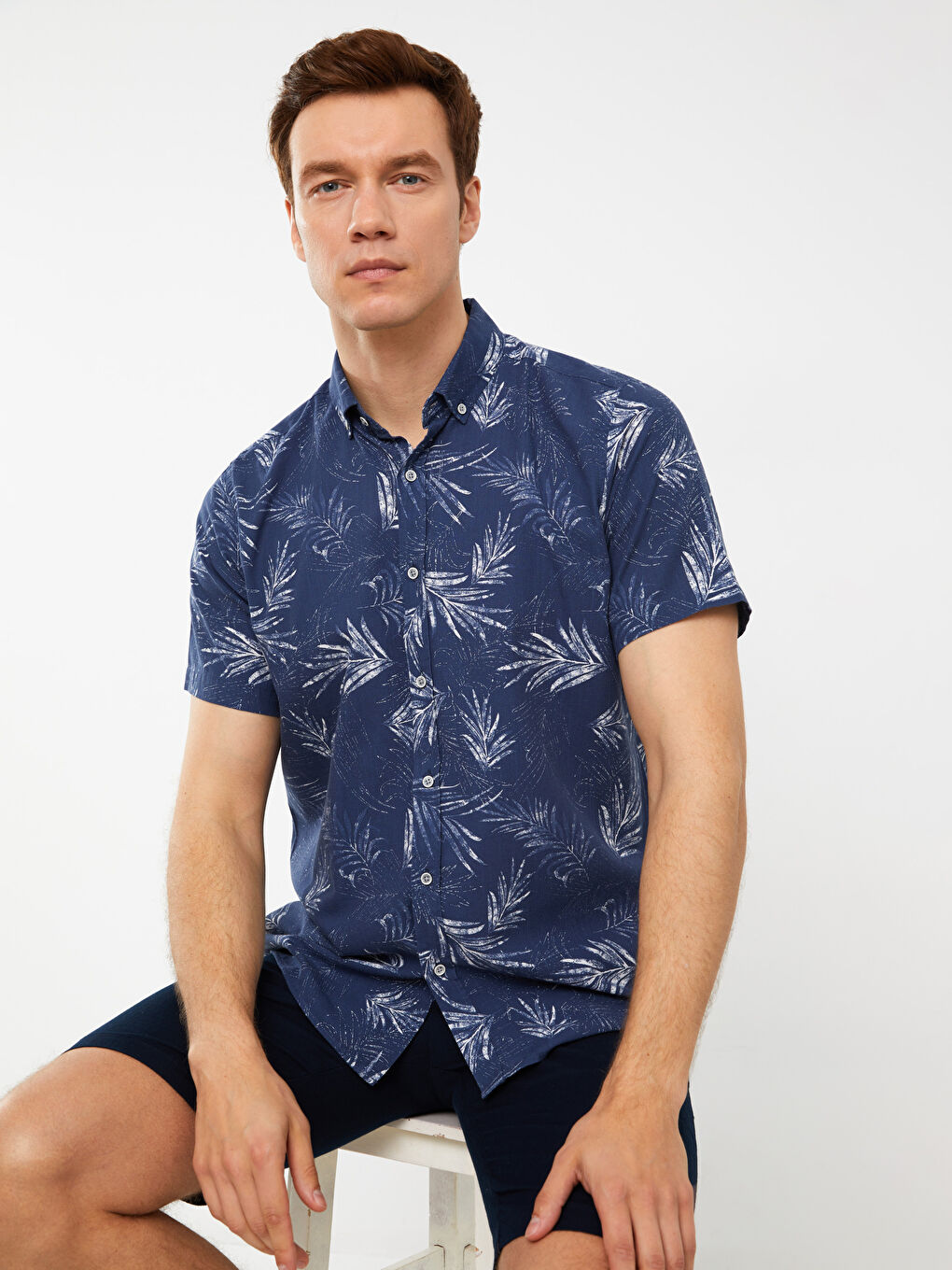 İndigo Slim Fit Kısa Kollu Desenli Poplin Erkek Gömlek-1