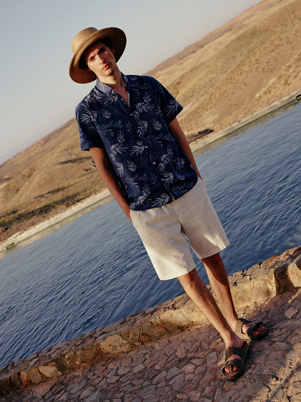 İndigo Slim Fit Kısa Kollu Desenli Poplin Erkek Gömlek