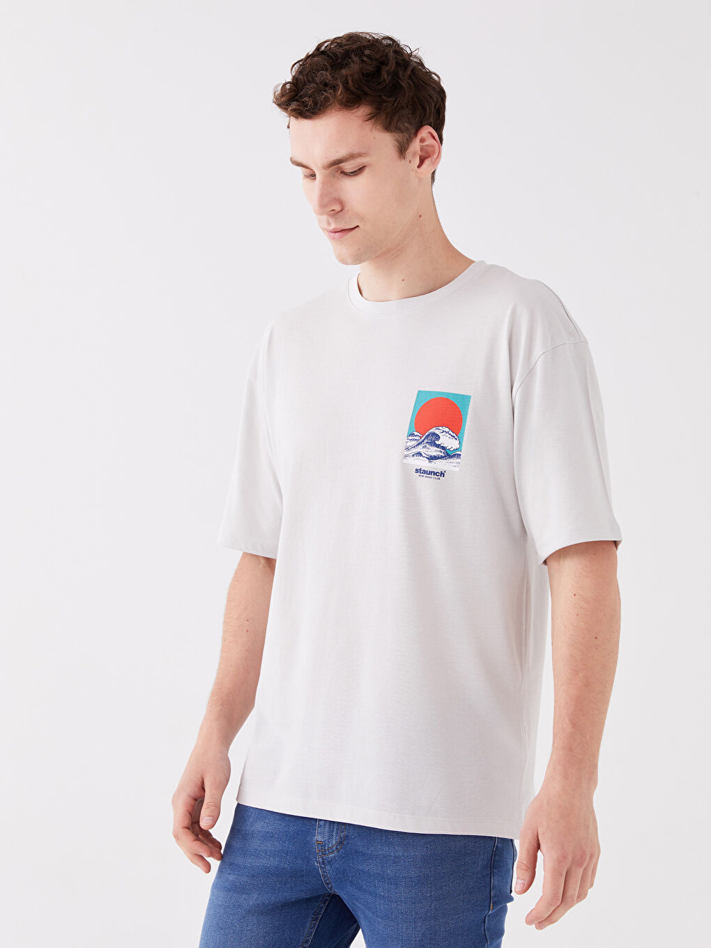 Gri Bisiklet Yaka Kısa Kollu Baskılı Penye Erkek Tişört-1