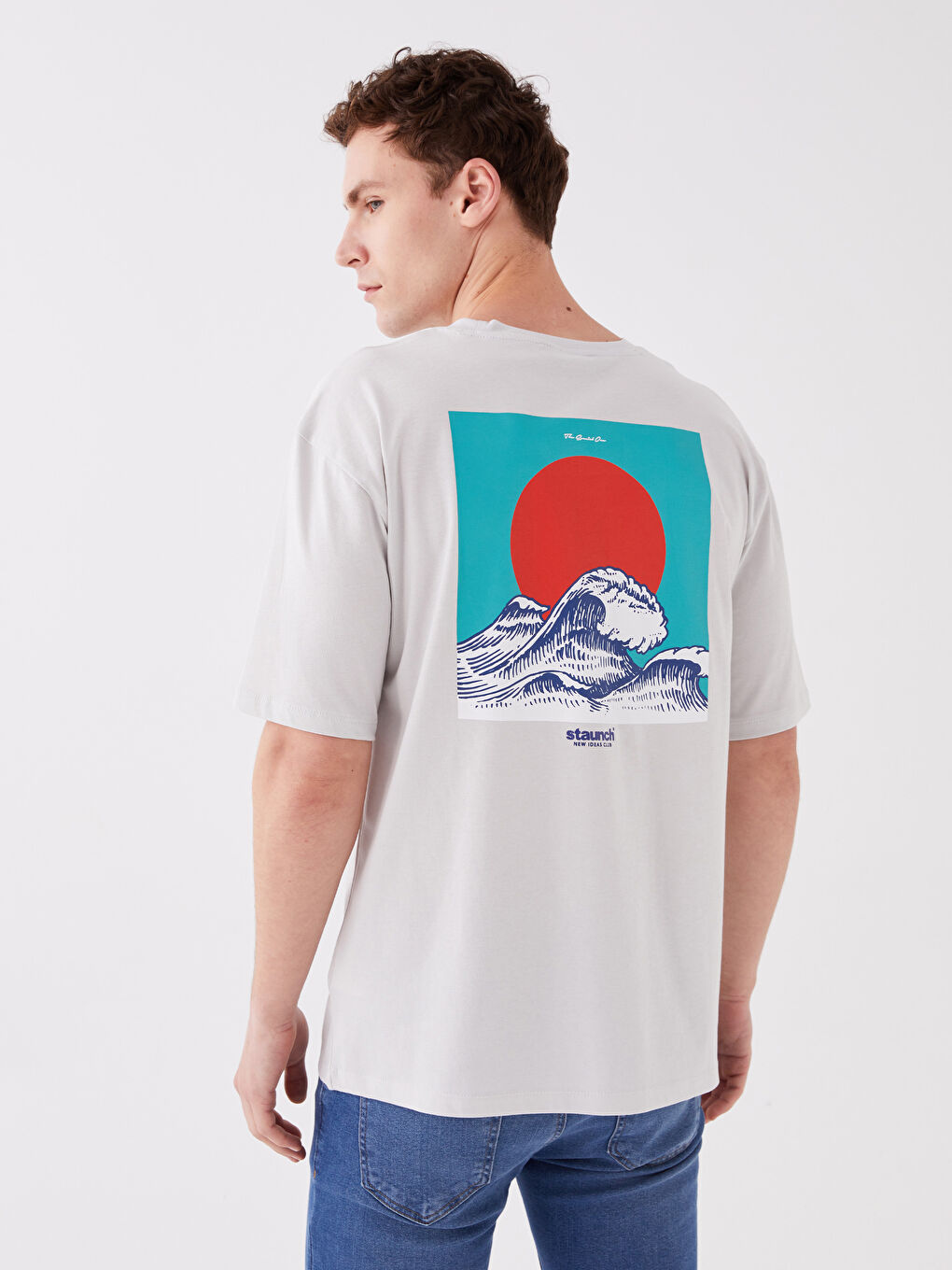 Gri Bisiklet Yaka Kısa Kollu Baskılı Penye Erkek Tişört-4