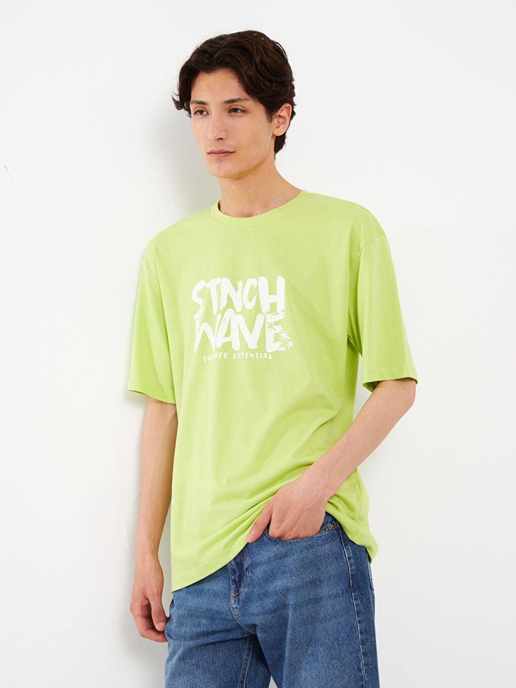 Yeşil Bisiklet Yaka Kısa Kollu Baskılı Penye Erkek Tişört