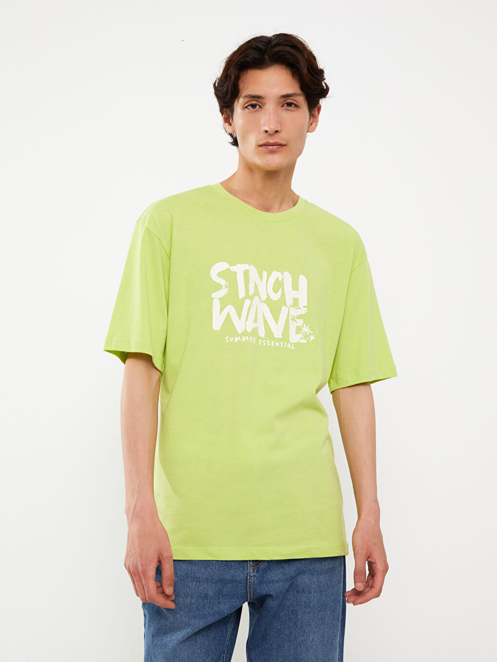 Yeşil Bisiklet Yaka Kısa Kollu Baskılı Penye Erkek Tişört-1