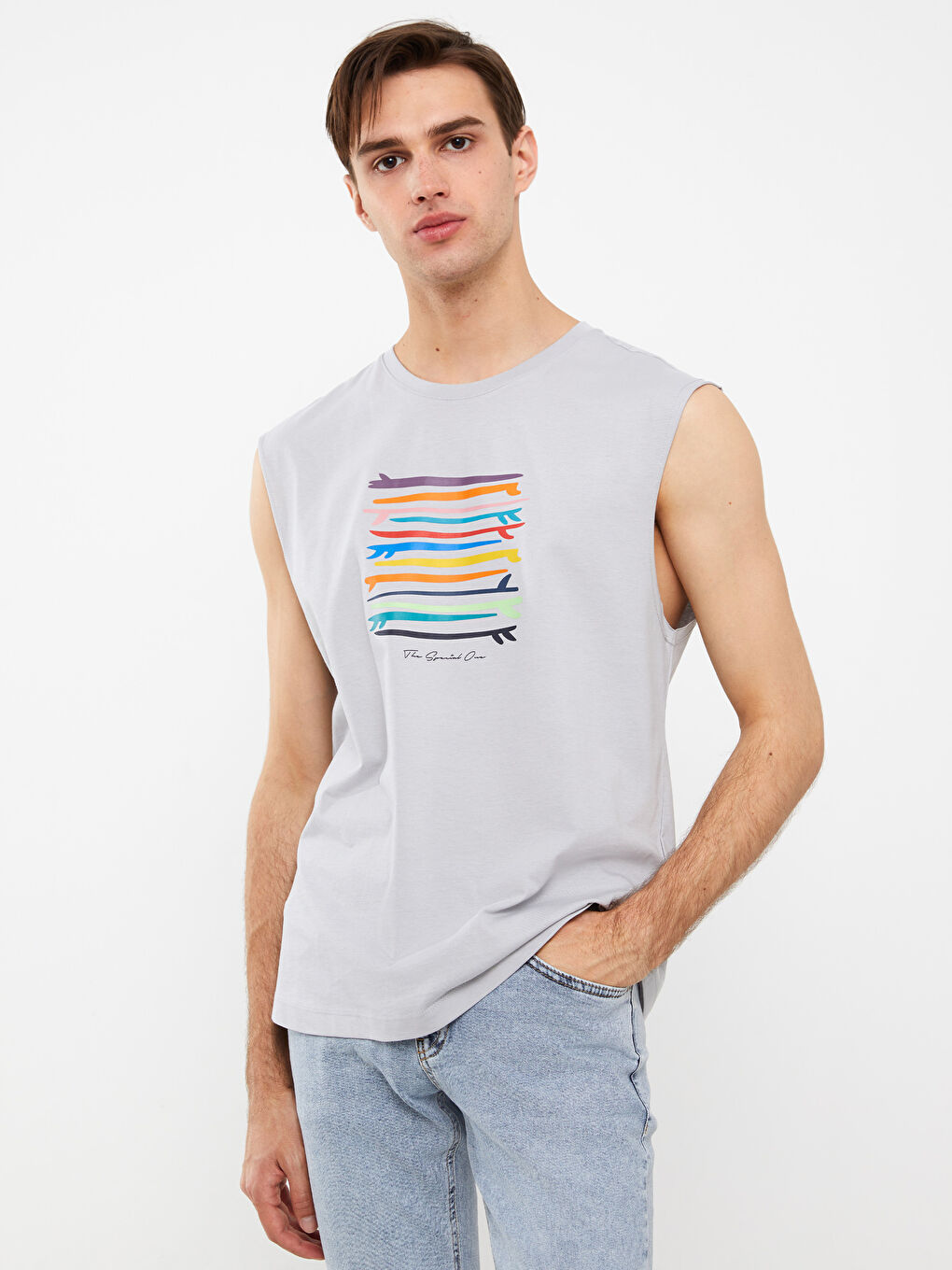 Gri Bisiklet Yaka Baskılı Penye Erkek Kolsuz Tişört