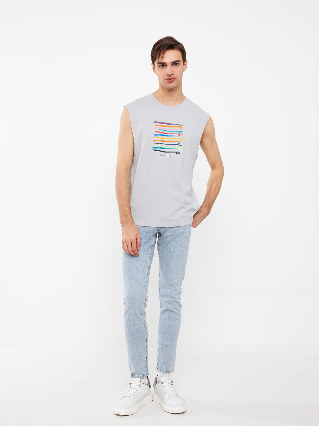 Gri Bisiklet Yaka Baskılı Penye Erkek Kolsuz Tişört-2