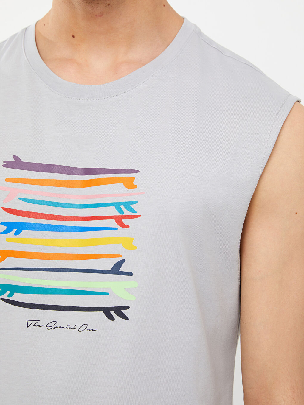 Gri Bisiklet Yaka Baskılı Penye Erkek Kolsuz Tişört-3