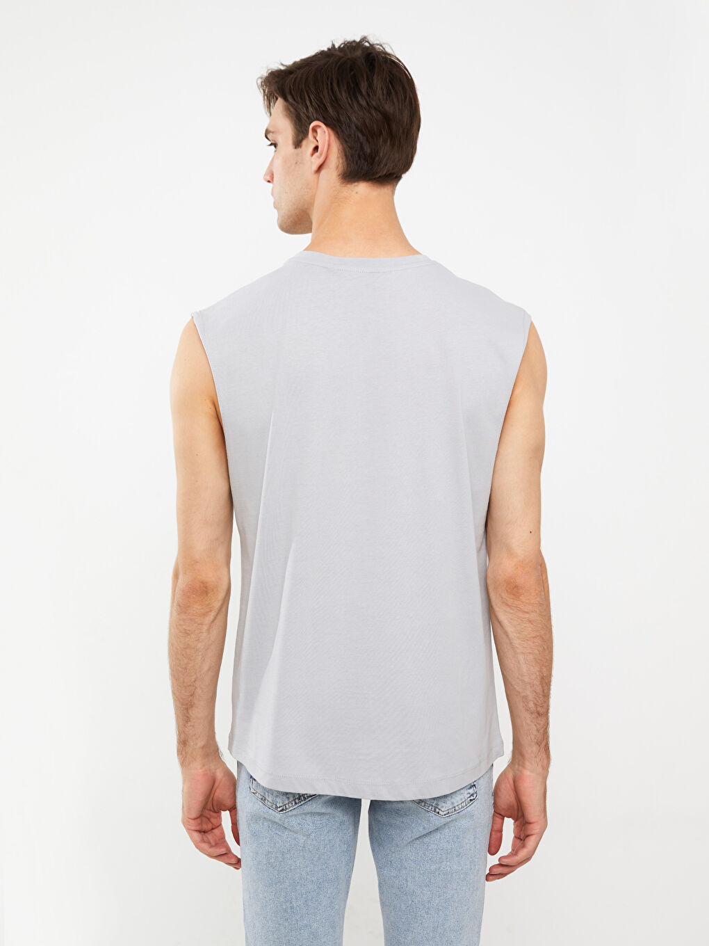 Gri Bisiklet Yaka Baskılı Penye Erkek Kolsuz Tişört-4